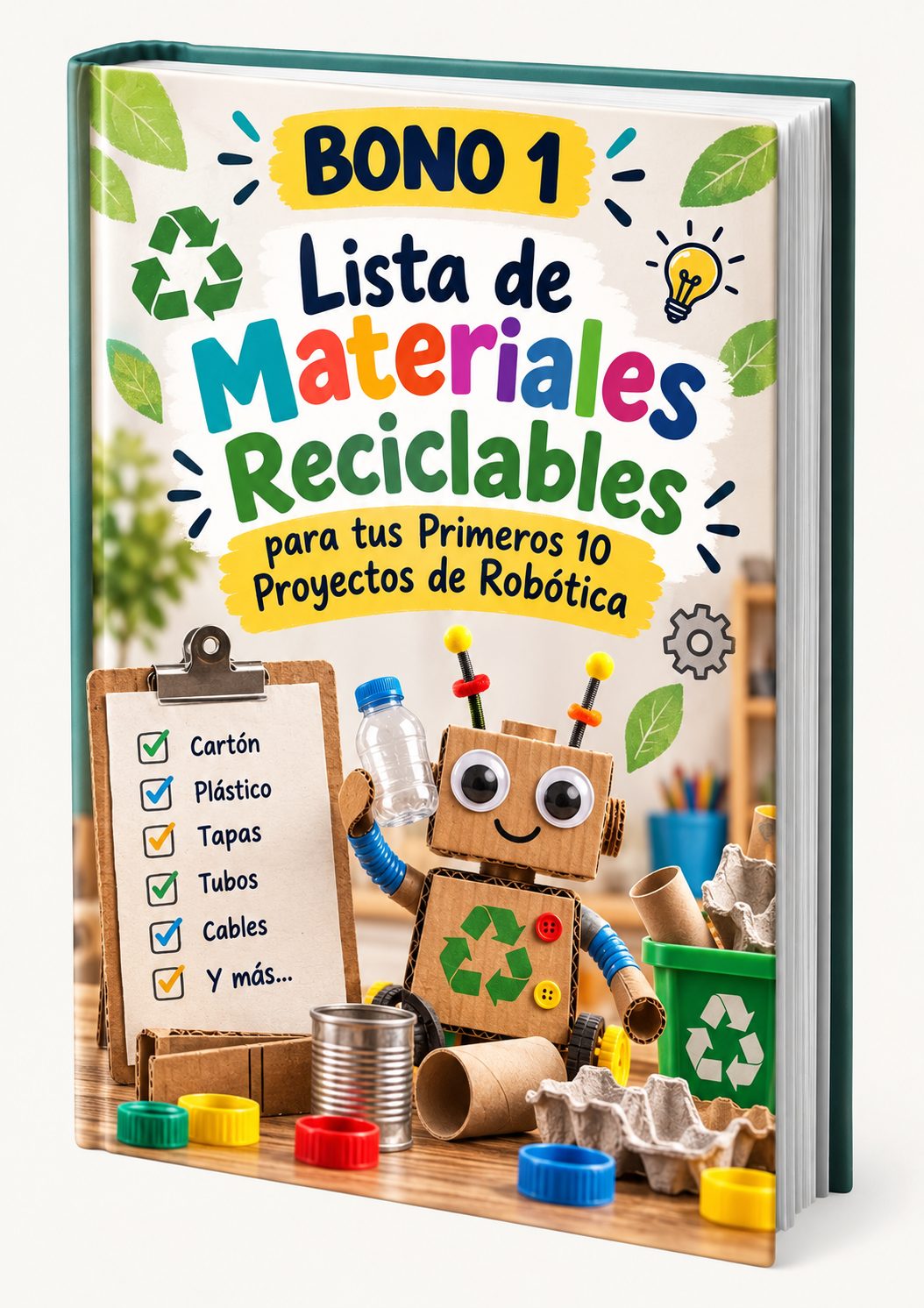 Lista ilustrada de materiales reciclables junto a un robot de cartón