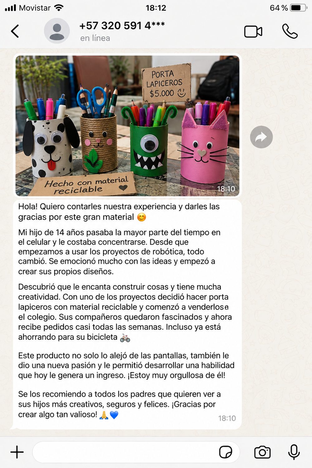 Testimonio de una madre: su hijo de 14 años creó porta lapiceros con material reciclable y ahora los vende en su colegio