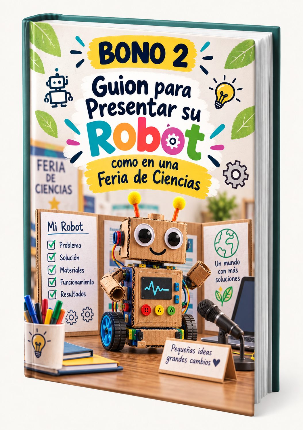 Tabla con hoja de guion junto a un micrófono y un robot de cartón