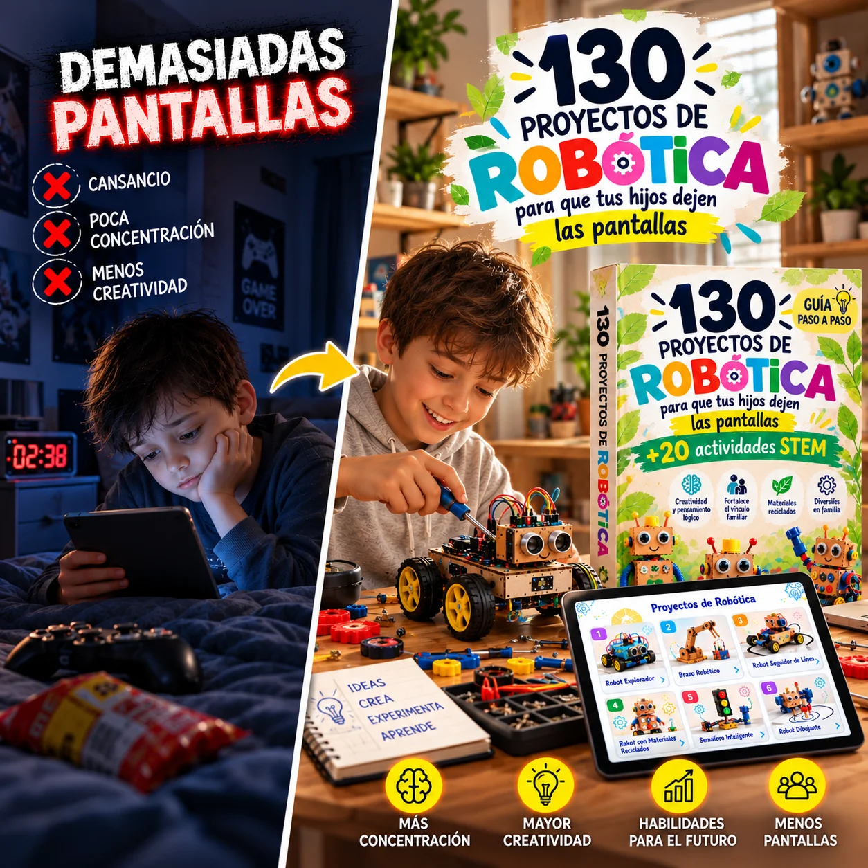 Comparativa entre un niño frente a la tablet y un niño construyendo un robot, junto al pack de 130 proyectos de robótica