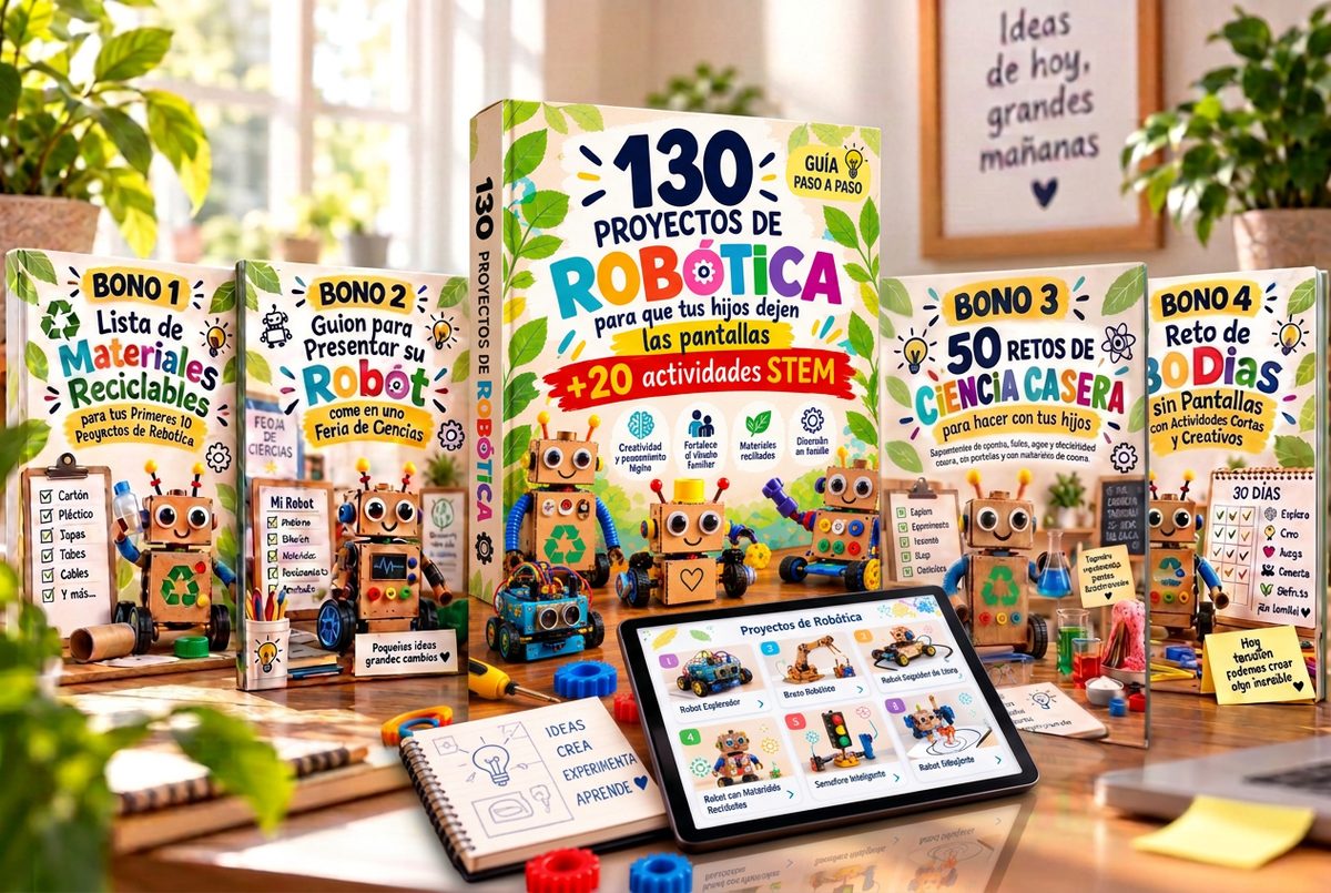 Mockup del pack completo: el producto principal 130 Proyectos de Robótica en el centro y los 4 bonos alrededor