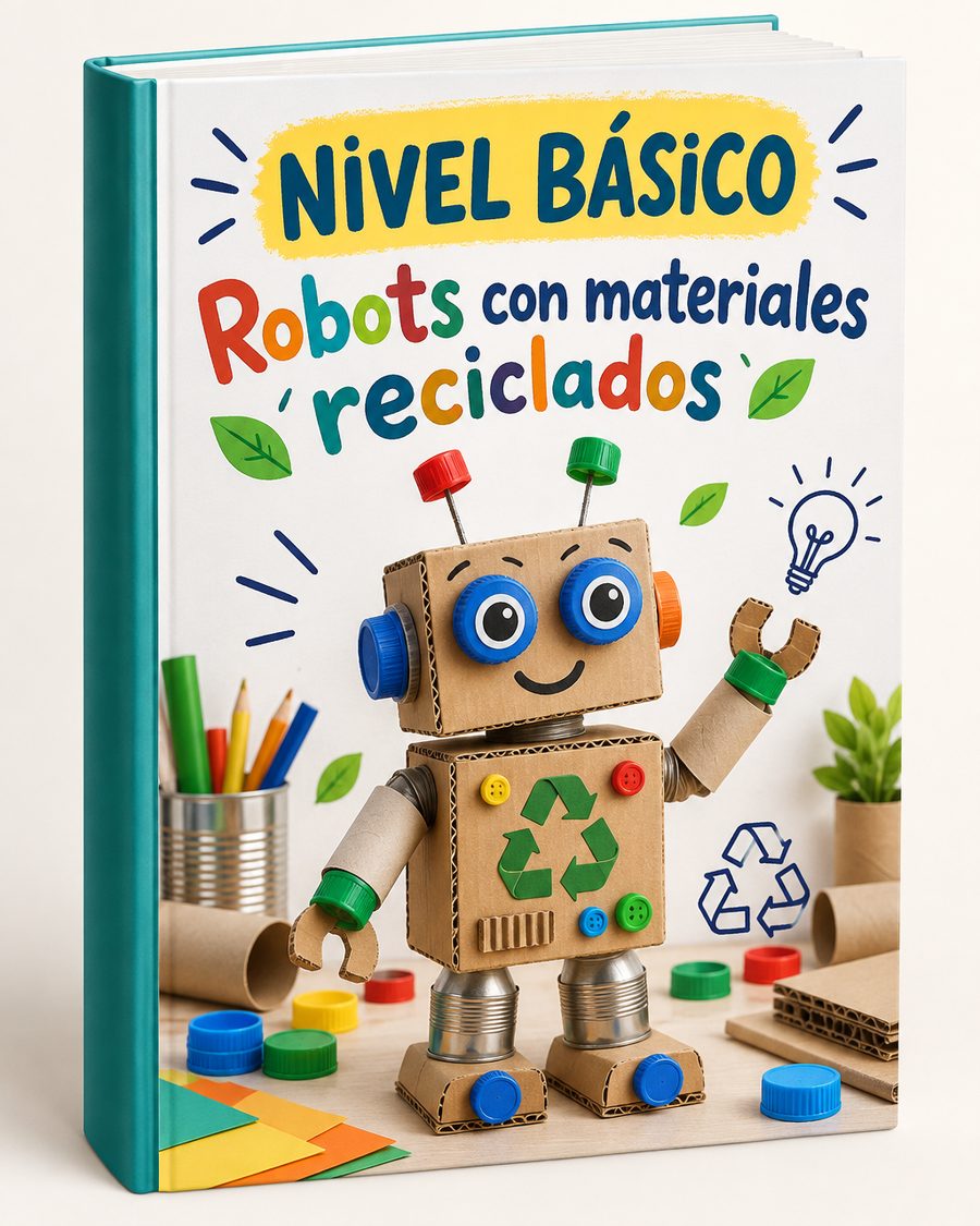 Robots de cartón hechos con tapas, rollos y botones