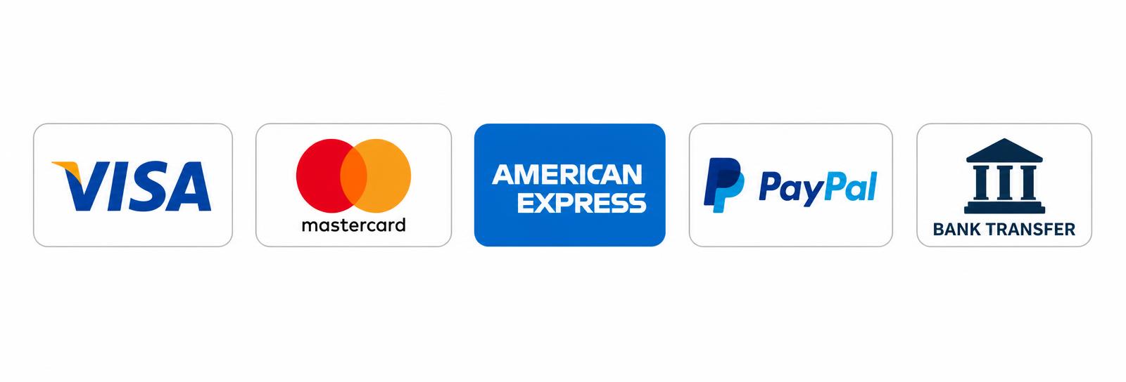 Métodos de pago aceptados: Visa, Mastercard, American Express, PayPal y transferencia bancaria